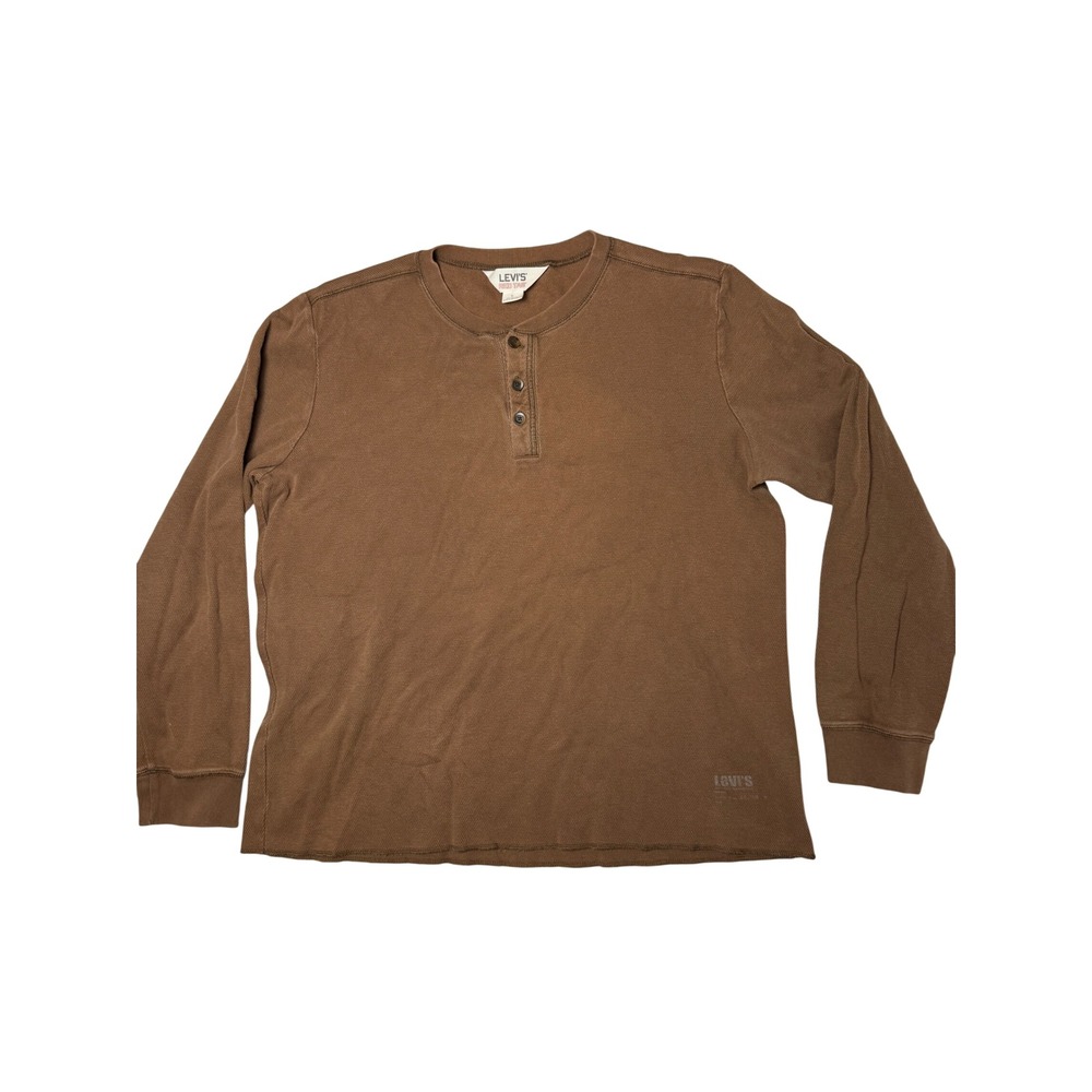 Levis Red Tab Mens Large Brown Waffle Knit Thermal Henley‎ Long Sleeve Shirt